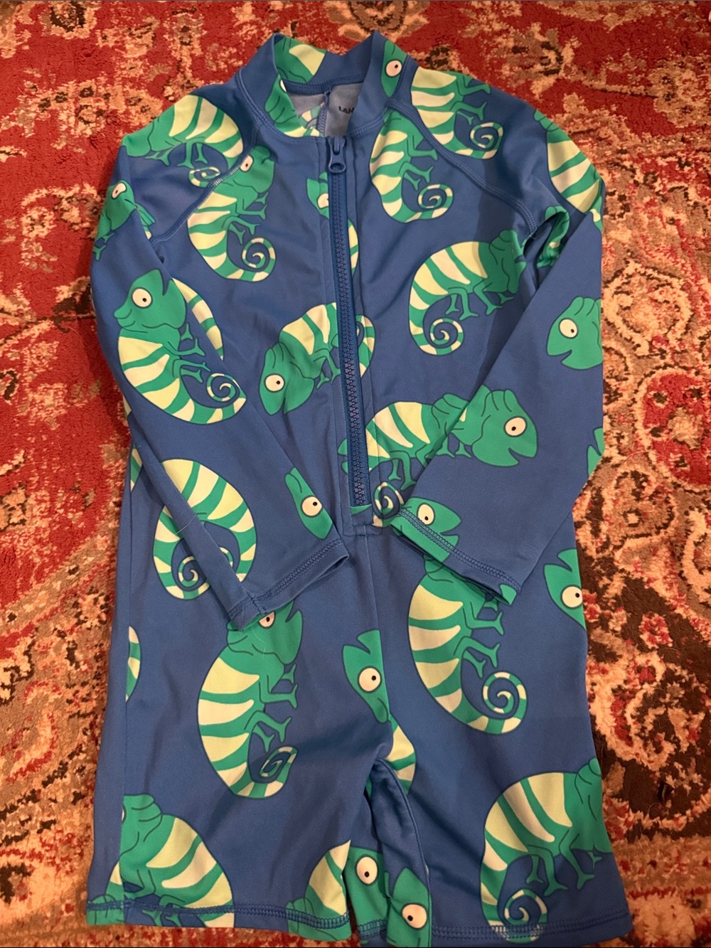 Lands' End Blue One-Piece Swimsuit with Green Chameleon Print